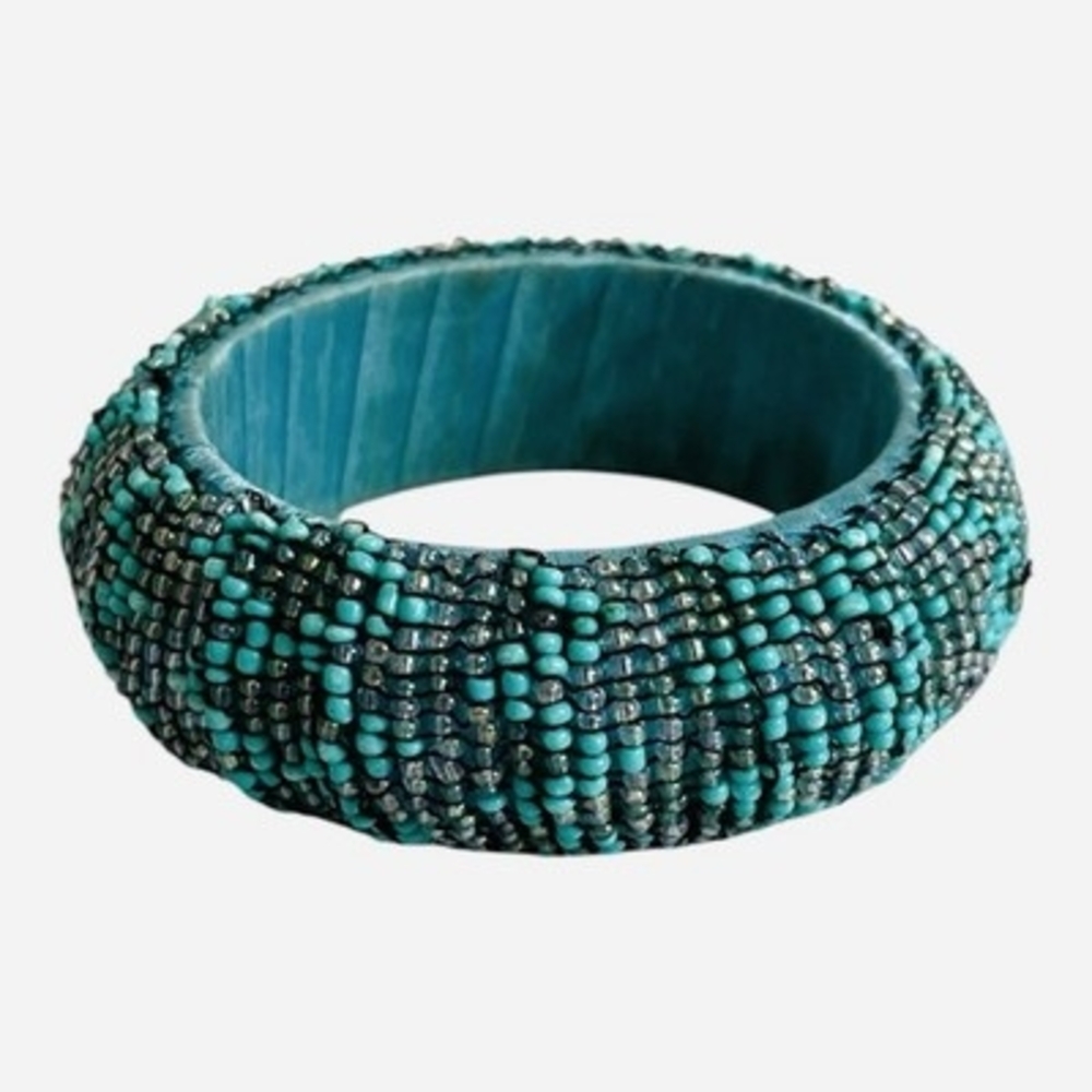 8" Artisan Studio Turquoise Seed Beaded Bangle Bracelet Good Plus Condition